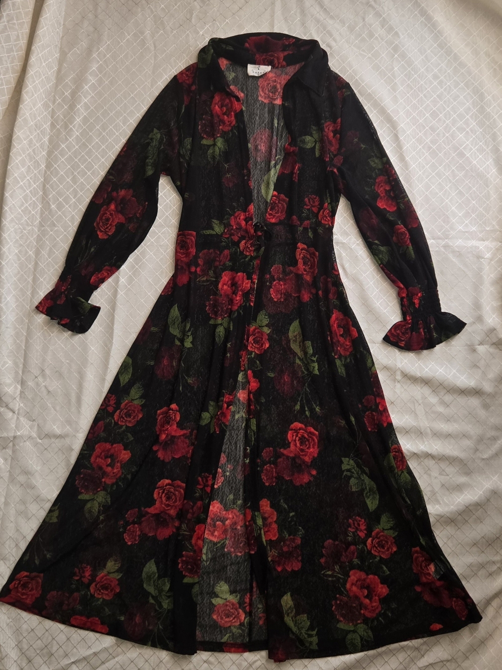 Floral Black Maxi Robe/Cardigan with Red Rose Print